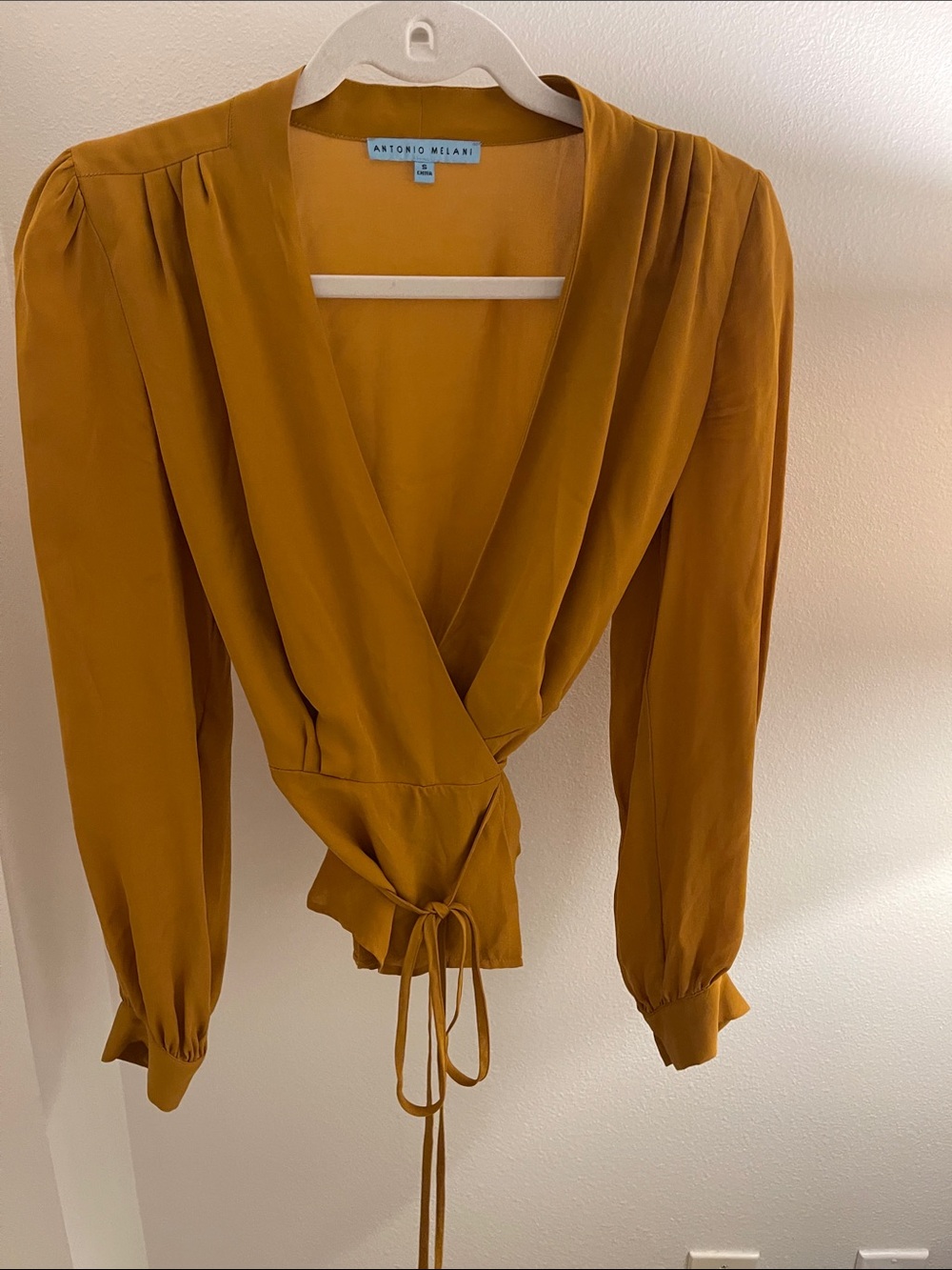 ANTONIO MELANI Mustard Silk Wrap Blouse with Tie Front